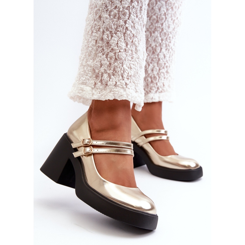 Eco Leather Pumps With Chunky Heels, Gold Halmina golden 2