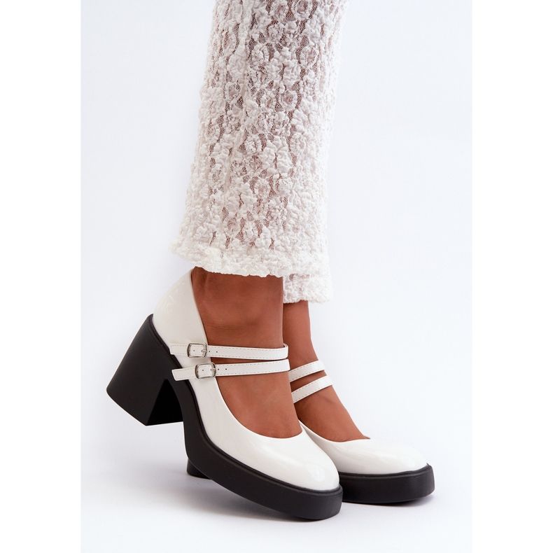 Chunky Heel Pumps Patent Leather White Halmina 1
