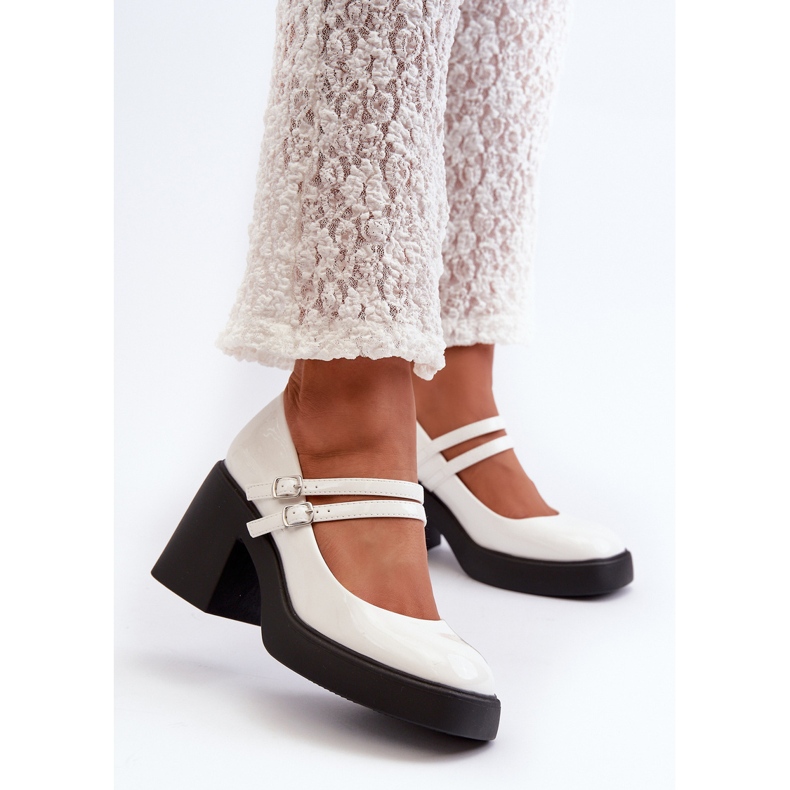 Chunky Heel Pumps Patent Leather White Halmina 2