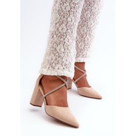 Eco Suede Pumps With Zircons On A Block Heel Beige Lagra 2