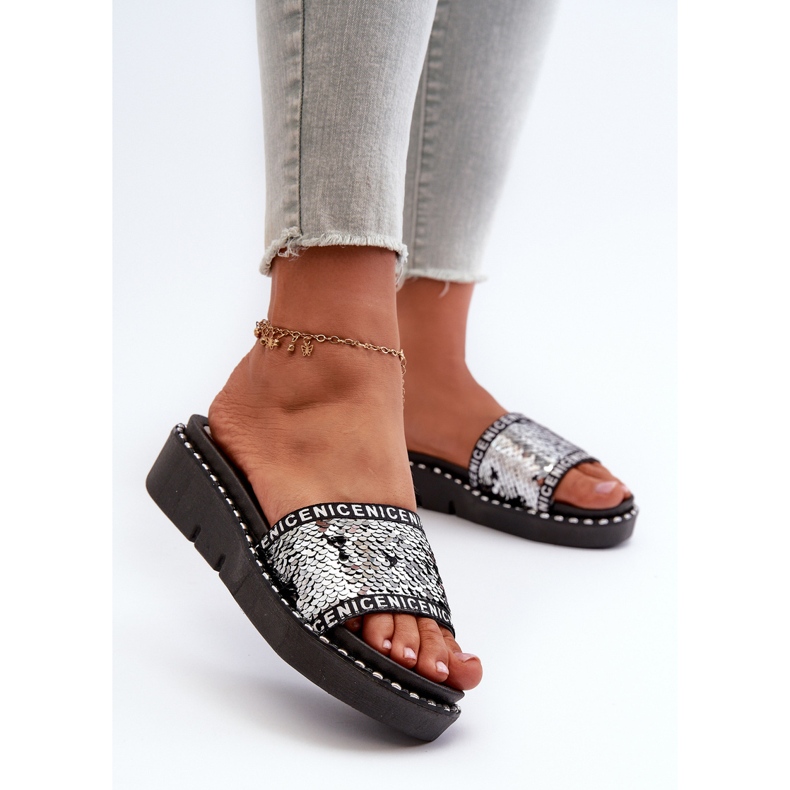 Women's Sequined Flip-Flops Black and Silver Rivanique 2