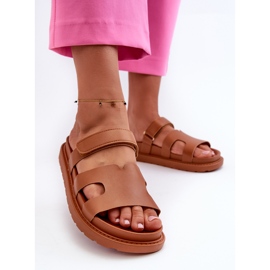 Eco Leather Women's Velcro Flip-Flops Camel Silaka brown 2