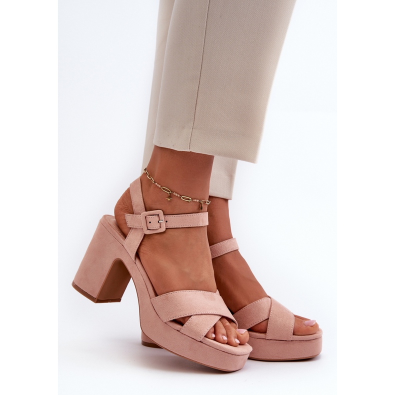 Women's Sandals Made of Eco Suede on a Heel and Platform Pink Sakane 1