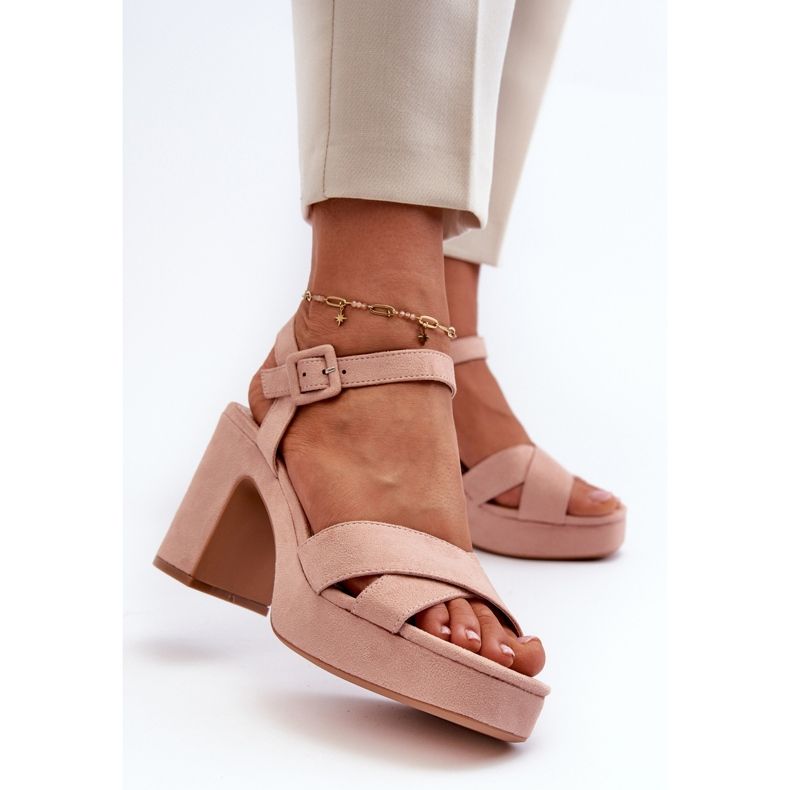 Women's Sandals Made of Eco Suede on a Heel and Platform Pink Sakane 2
