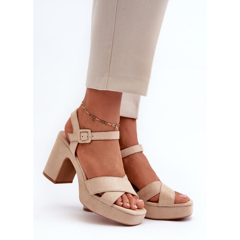Women's Sandals Made of Eco Suede on a Heel and Platform Light Beige Sakane 1