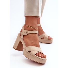 Women's Sandals Made of Eco Suede on a Heel and Platform Light Beige Sakane 2