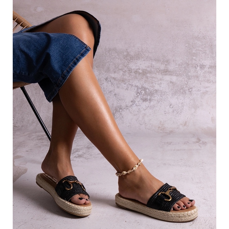 Black espadrille flip-flops with gold buckle Feorie 1