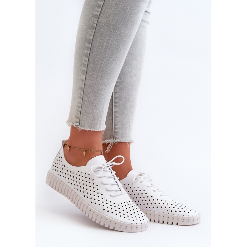 Leather Women's Sneakers With Openwork Pattern White Ilvima 1