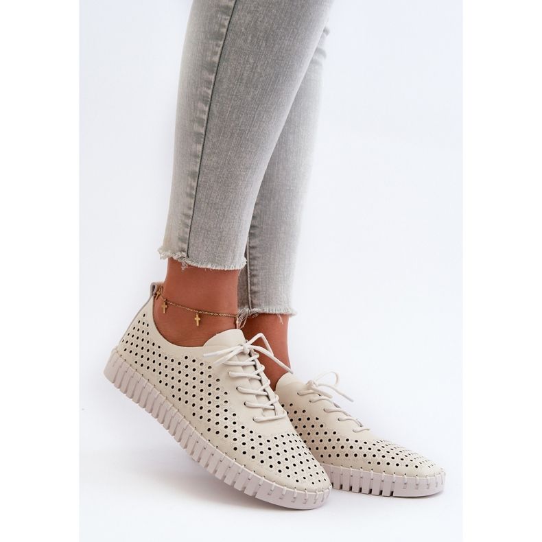 Leather Women's Sneakers With Openwork Pattern Beige Ilvima 1