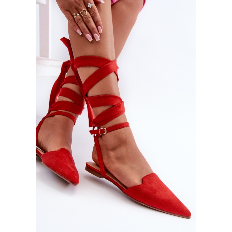 Laced Eco Suede Ballerinas With Pointed Toes Red Ellesara 2