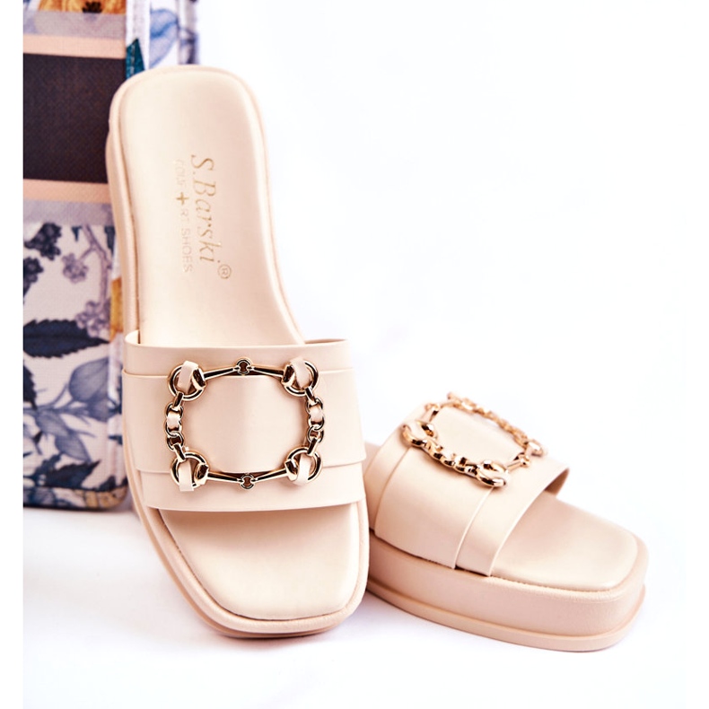 S.Barski Women's Fashionable Leather Flip-Flops with Gold Decoration, Beige 3 S.Barski Women's Fashionable Leather Flip-Flops with Gold Decoration, Beige 3