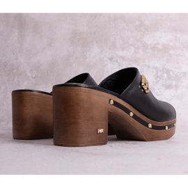 Black leather KARINO mules with a block heel 1