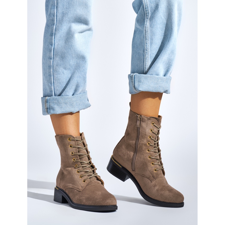 Beige women's lace-up ankle boots with low heels 1