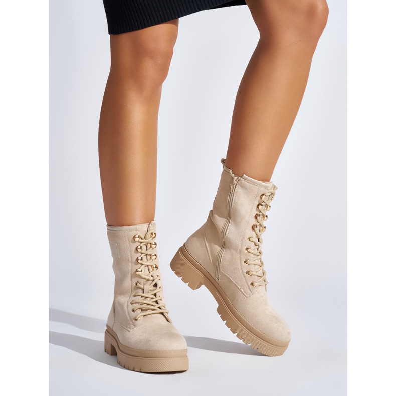 Beige lace-up women's ankle boots 1