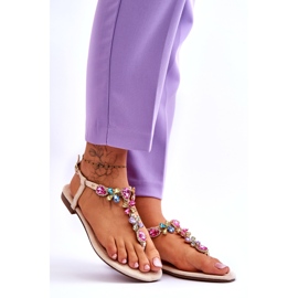 Beige suede flip-flop sandals with stones 4