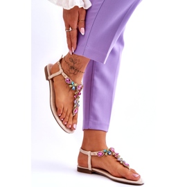 Beige suede flip-flop sandals with stones 3