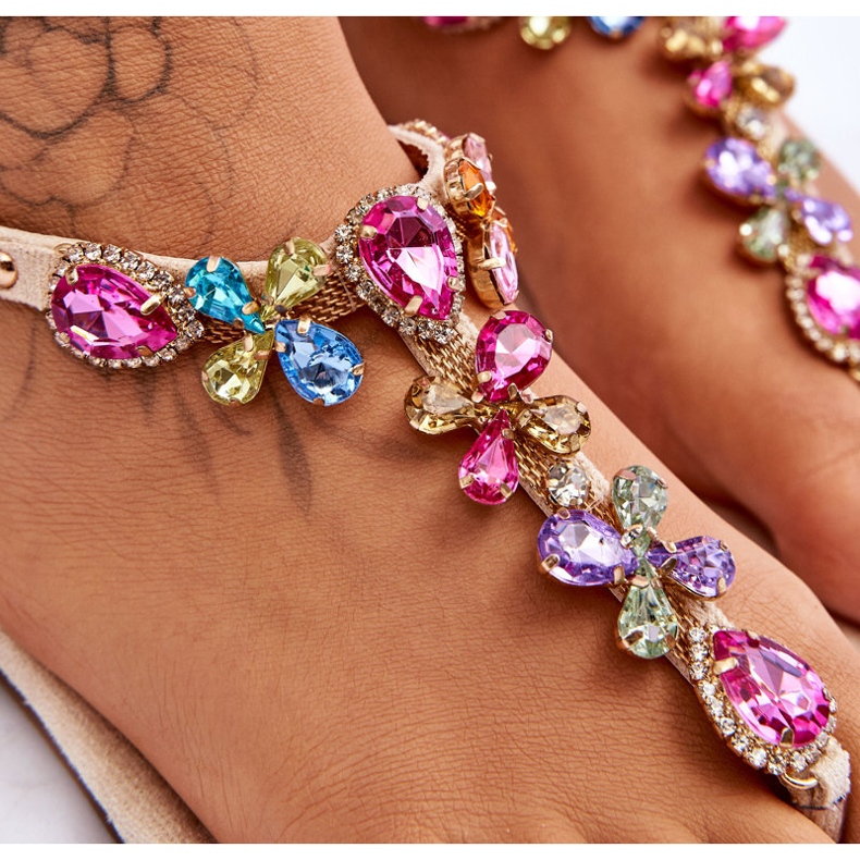 Beige suede flip-flop sandals with stones 2