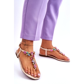 Beige suede flip-flop sandals with stones 1