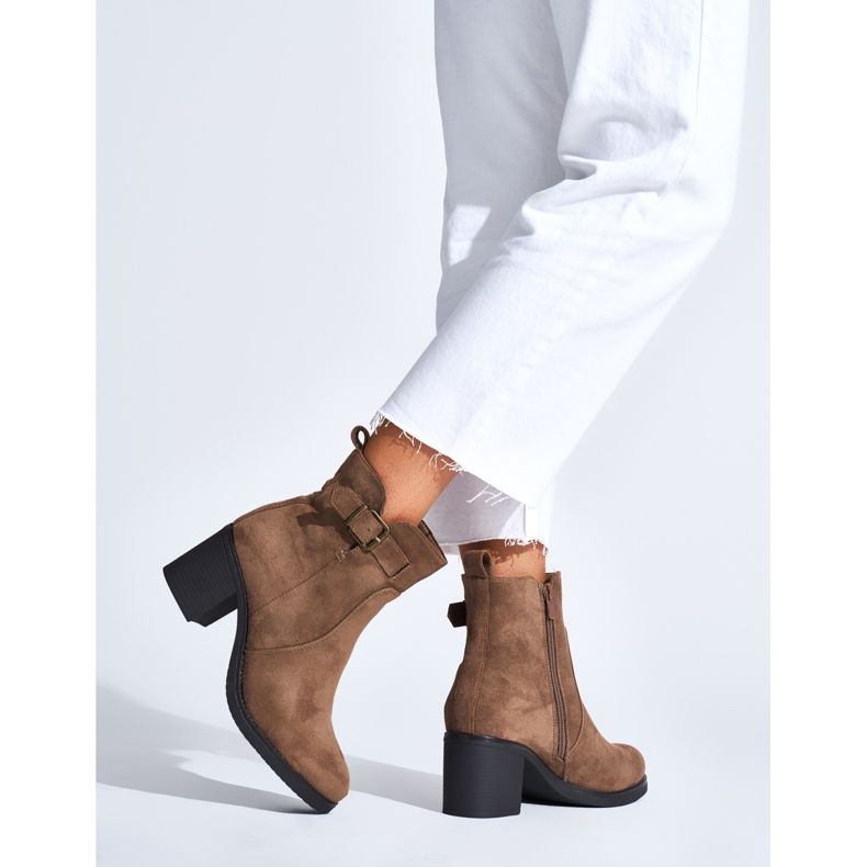 Suede dark beige ankle boots with a block heel 2