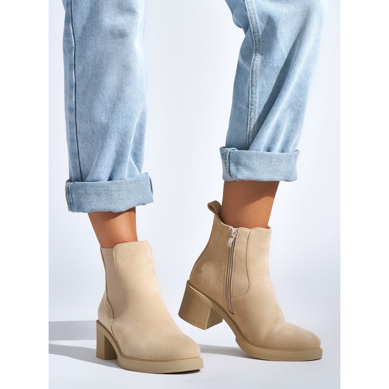 Beige suede ankle boots with a block heel 1