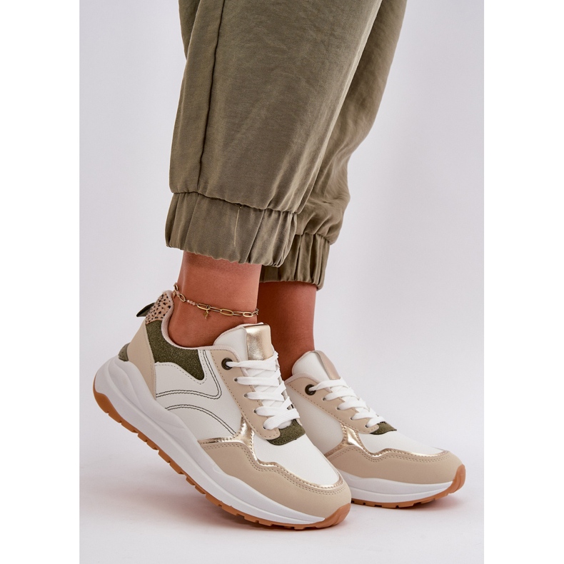 Women's Sneakers On The Platform Made Of Eco Leather Beige-Green Issatta 2