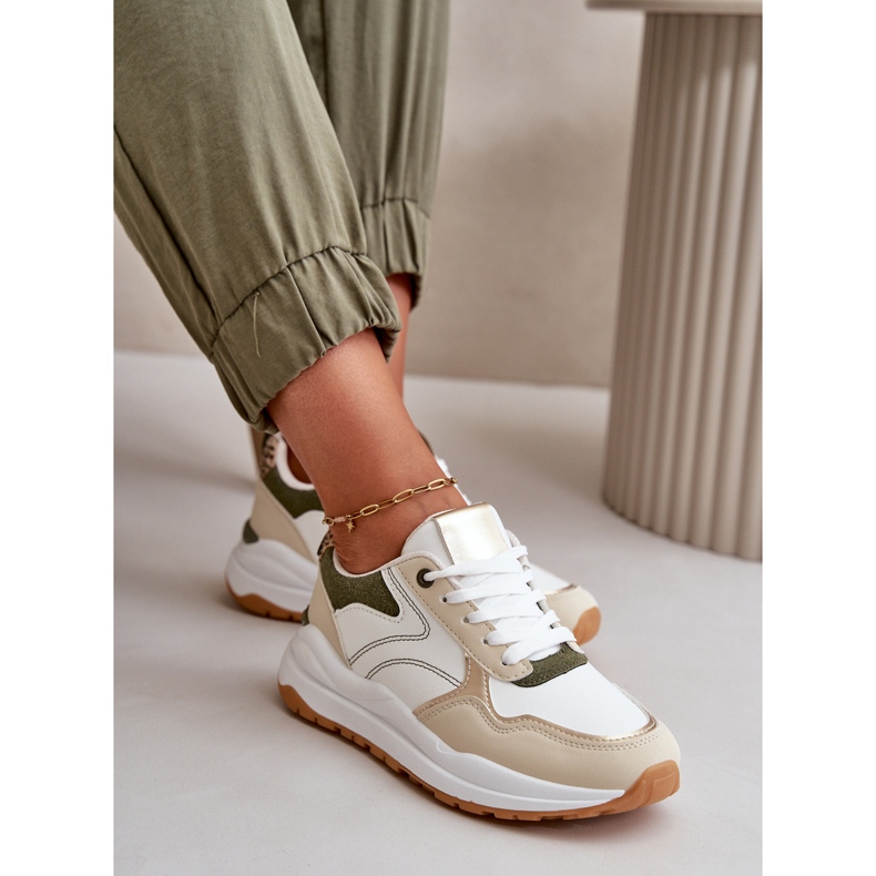 Women's Sneakers On The Platform Made Of Eco Leather Beige-Green Issatta 1