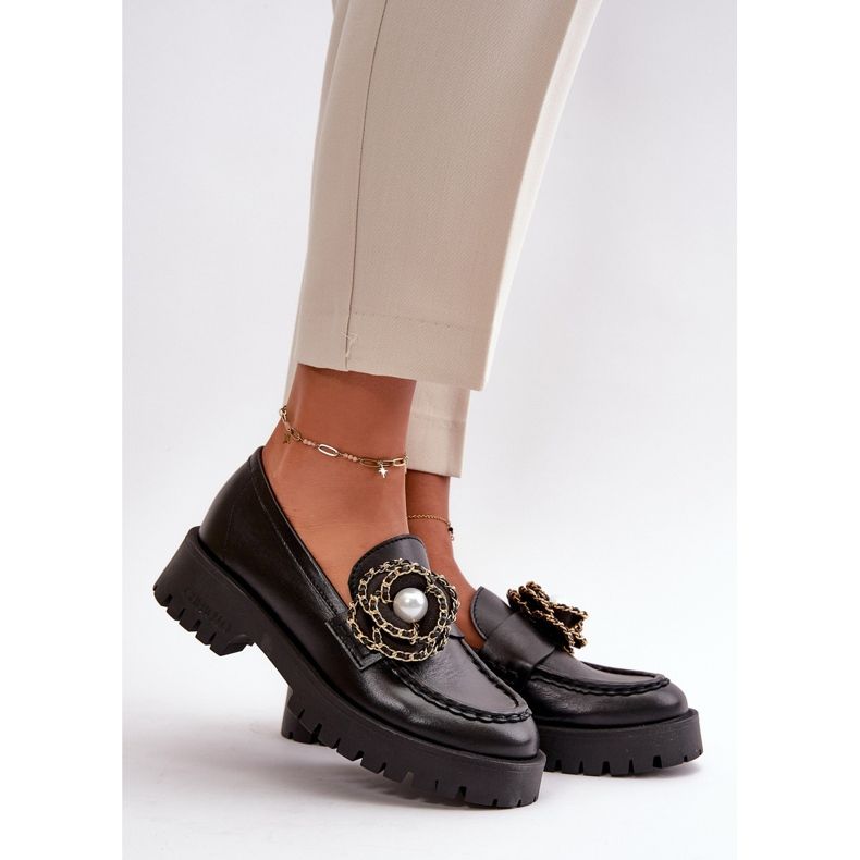 Women's Leather Moccasins Decorated with Flower Black CheBello 4520 1 Women's Leather Moccasins Decorated with Flower Black CheBello 4520 1