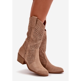 Openwork Women's Cowboy Boots Heels Brown Iceda 1
