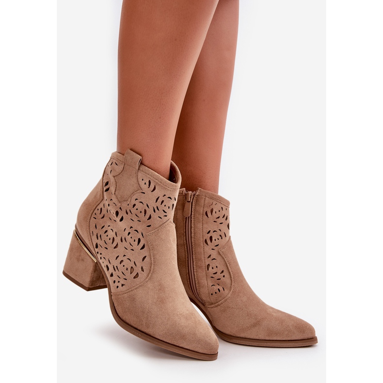 Openwork Ankle Boots Cowboy Boots With Zipper Beige Vosilara 1