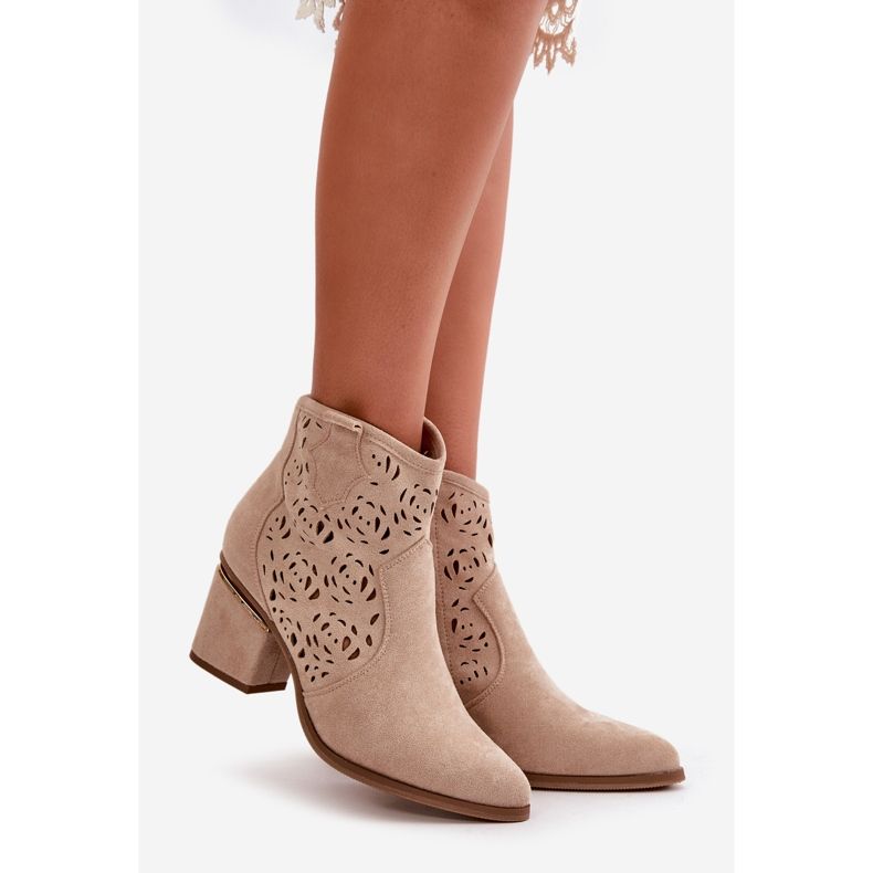 Openwork Cowboy Boots With A Zipper On A Heel Light Beige Vosilara 1