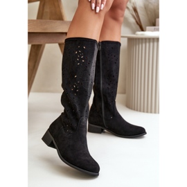 Openwork Women's Boots On Low Heels Eco Suede Fastened With A Zipper Black Orchides 2