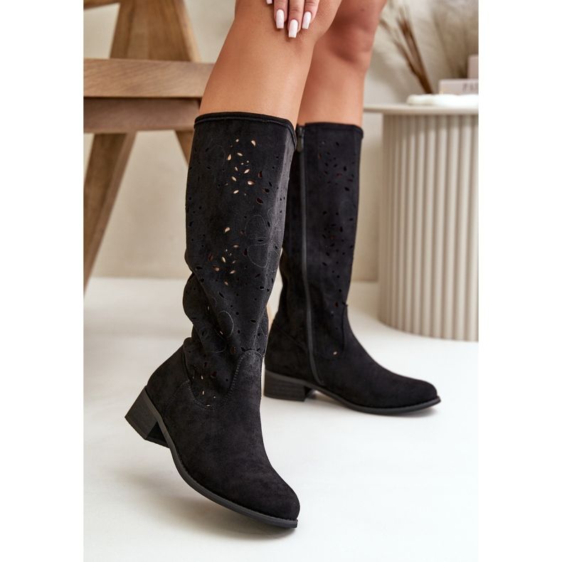 Openwork Women's Boots On Low Heels Eco Suede Fastened With A Zipper Black Orchides 2