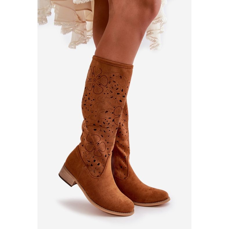 Openwork Women's Boots On Low Heels Eco Suede Fastened With A Zipper Camel Orchides brown 1