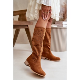 Openwork Women's Boots On Low Heels Eco Suede Fastened With A Zipper Camel Orchides brown 2