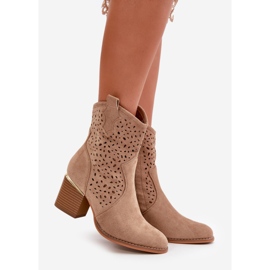 Openwork Ankle Boots on a Block Heel Made of Eco Suede Fastened with a Zipper Dark Beige Sevana 1