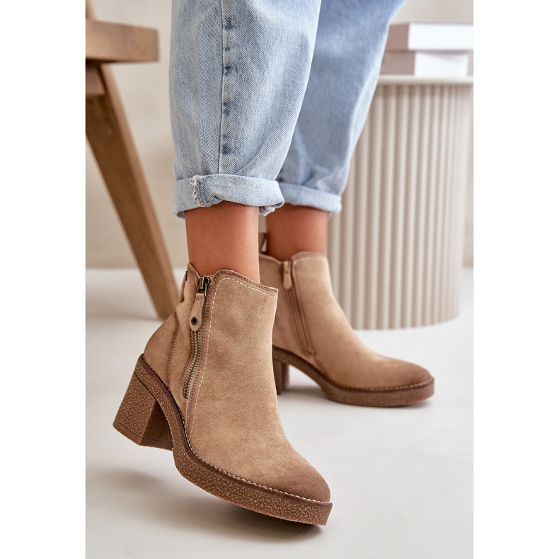 Insulated Women's Ankle Boots on a Heel Made of Eco Suede Beige Velarilla 2