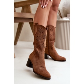 Jezzi Women's Openwork Mid-Calf Boots Made of Eco Suede Brown Nevilos 2