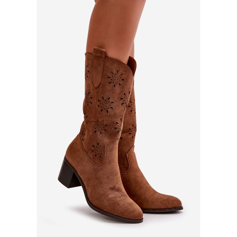 Jezzi Women's Openwork Mid-Calf Boots Made of Eco Suede Brown Nevilos 1