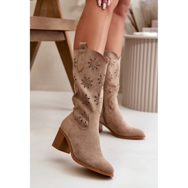Jezzi Women's Openwork Mid-Calf Boots Made of Eco Suede Beige Nevilos 2