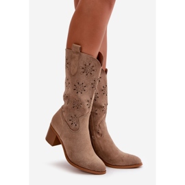 Jezzi Women's Openwork Mid-Calf Boots Made of Eco Suede Beige Nevilos 1