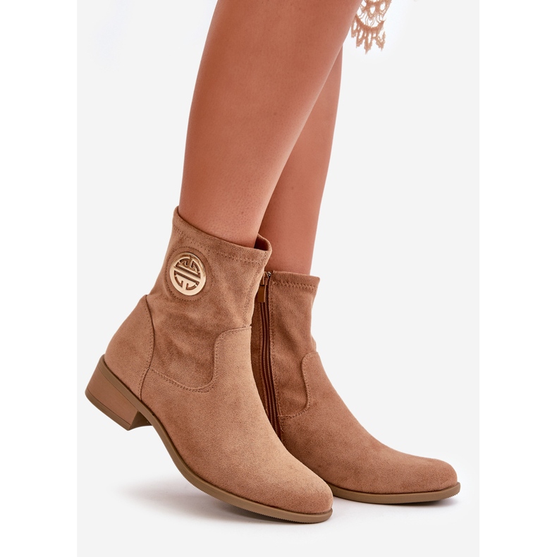 Jezzi Women's Ankle Boots Fastened With A Zipper With A Decorative Detail Eco Suede Beige Lerioria 1