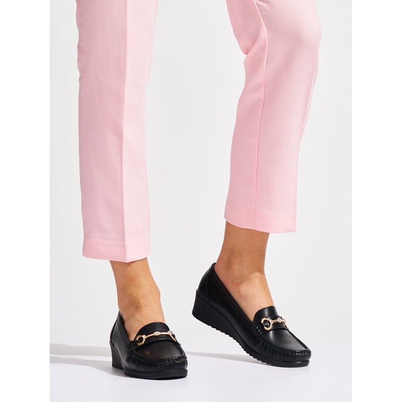 Black women's wedge loafers with gold embellishment 1