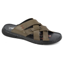 Kampol Men's leather cross-strap flip-flops 203KAM olive green 1