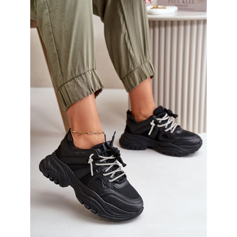 Women's Sneakers On A Massive Sole With Decorative Lacing Black Relissa 1