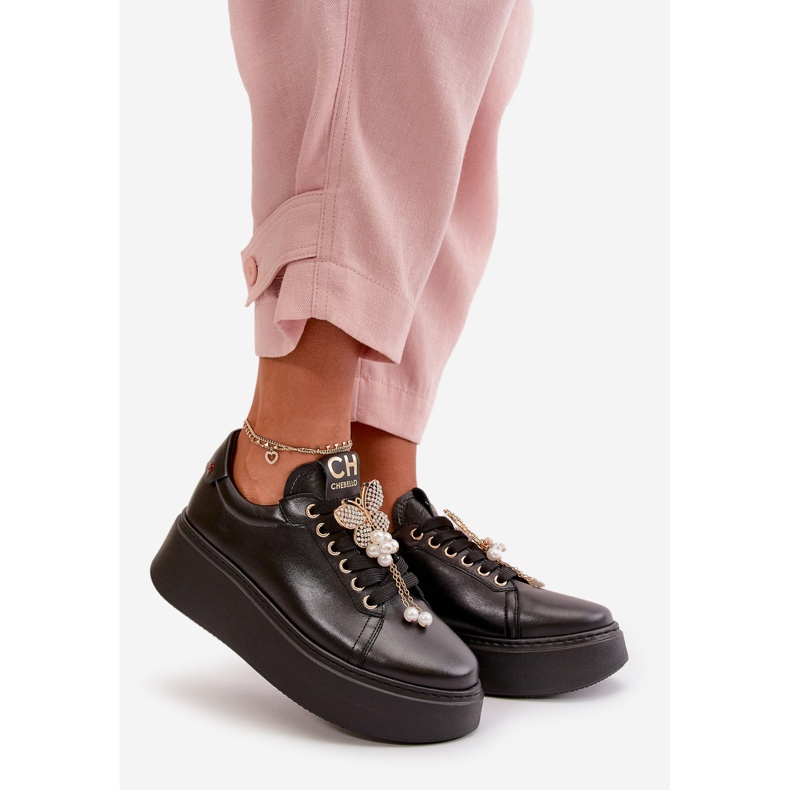 Women's Leather Sneakers On The Platform With Butterfly CheBello 4585 Black 1