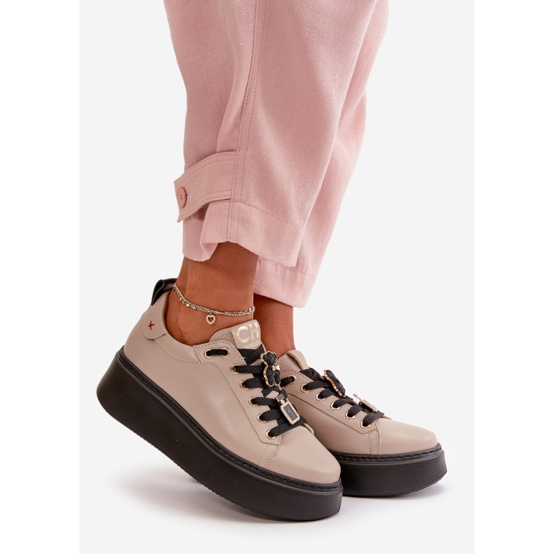 CheBello 4596 Beige Women's Leather Sneakers With Platform Pins 1 CheBello 4596 Beige Women's Leather Sneakers With Platform Pins 1
