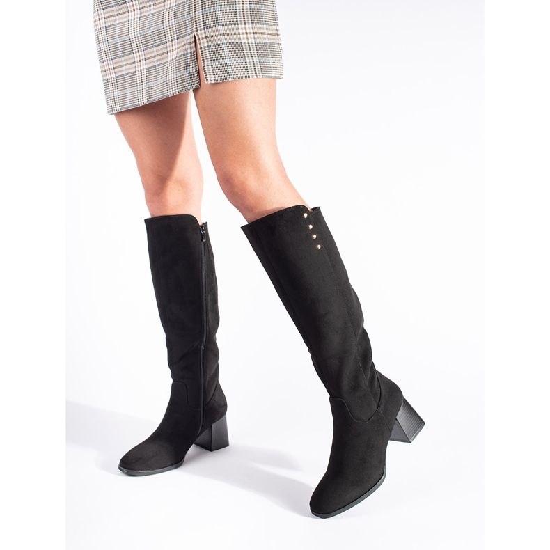 Black suede high-heeled boots 2