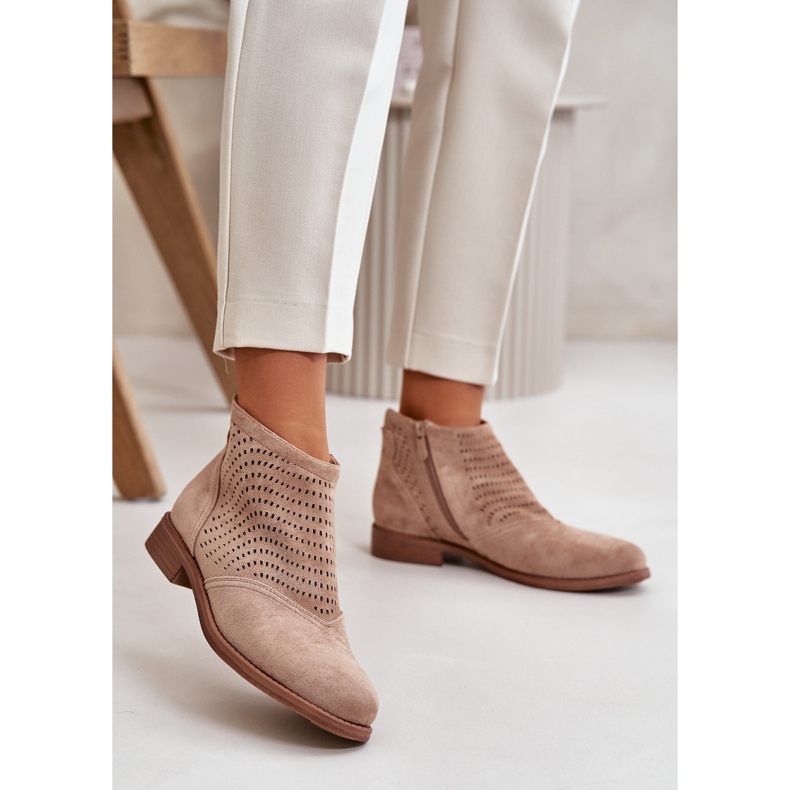 Women's Ankle Boots With Flat Heel Openwork Beige S.Barski HY42-076 2