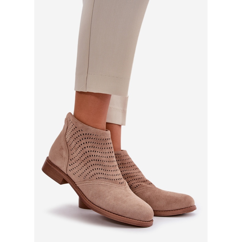 Women's Ankle Boots With Flat Heel Openwork Beige S.Barski HY42-076 1