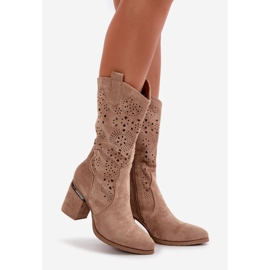 Women's Openwork Cowboy Boots On The Heel Of The Block Eco Suede Beige S.Barski HY42-028 1